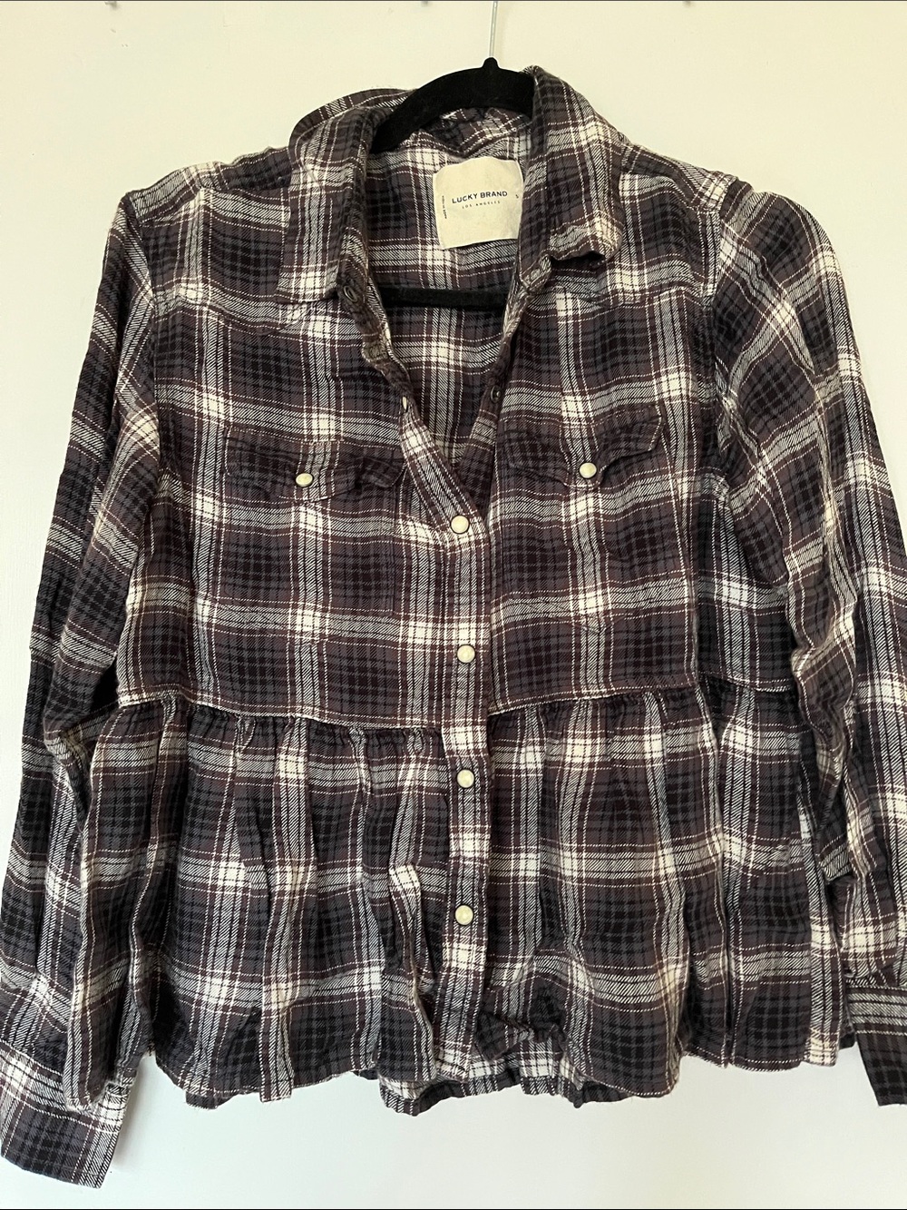 Lucky Brand Plum and White Plaid Peplum Button-Front Shirt